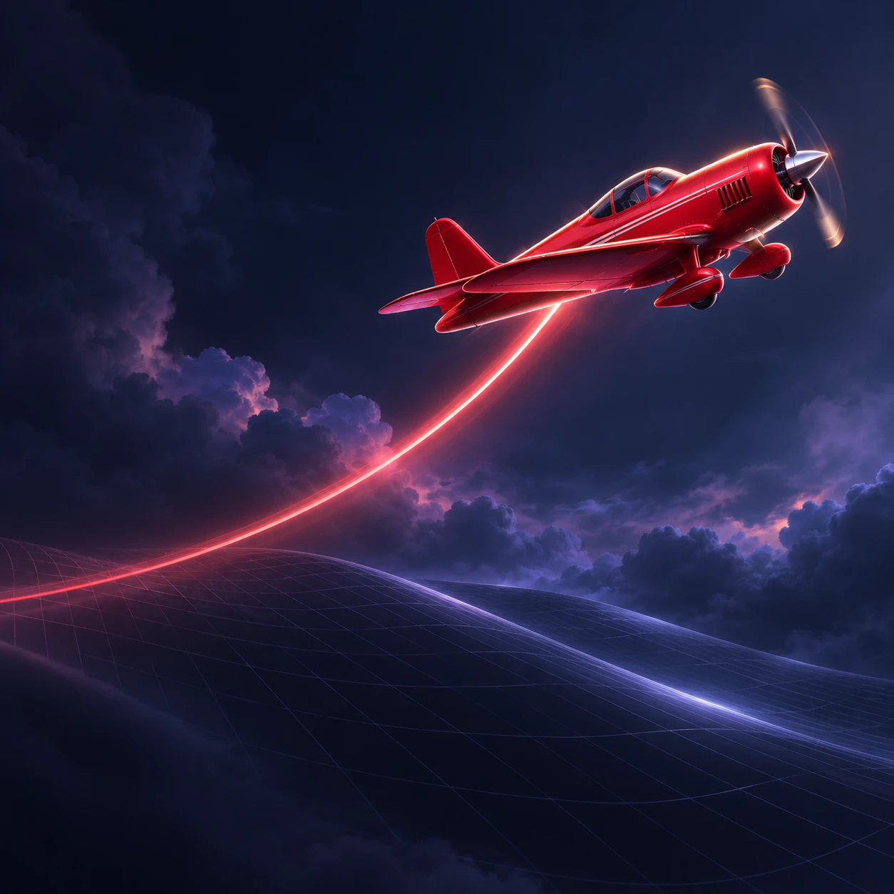 Red plane with an ascending light trail above a stylised chart surface