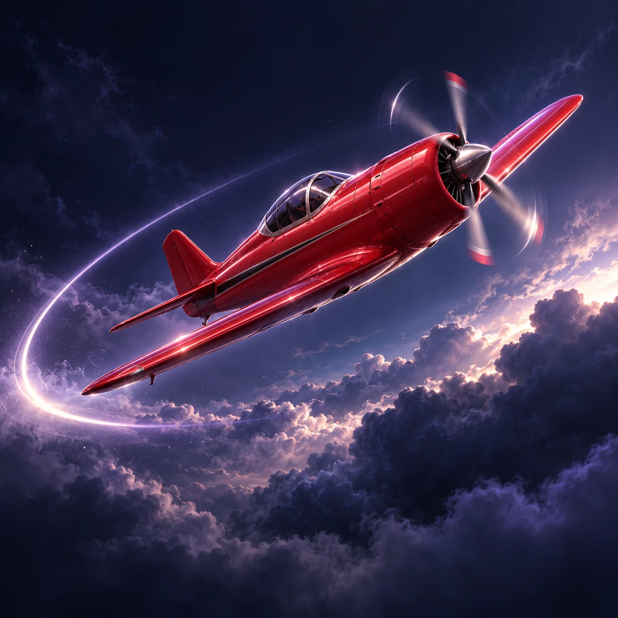 Three-dimensional red propeller plane ascending through a navy and lavender sky
