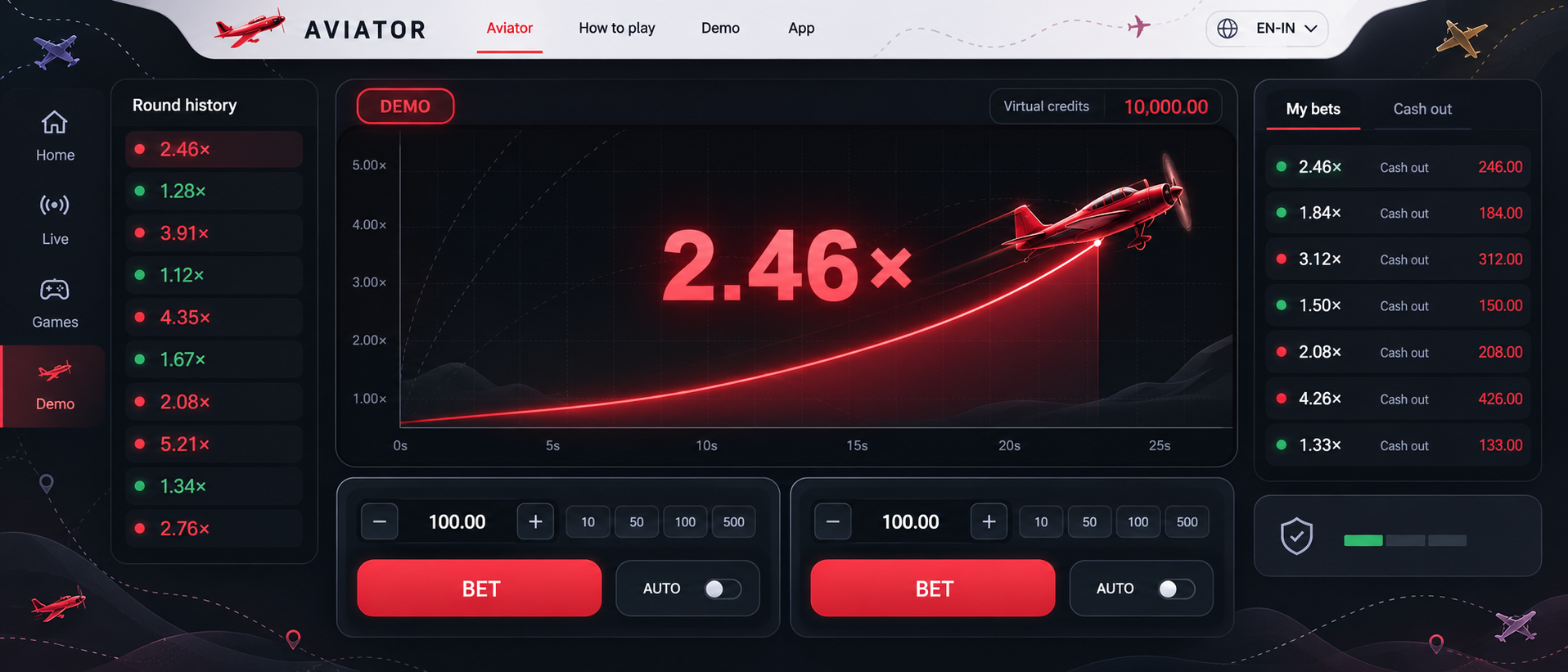 Conceptual full-width Aviator demo website showing the flight multiplier, two bet panels, round history and cash-out records