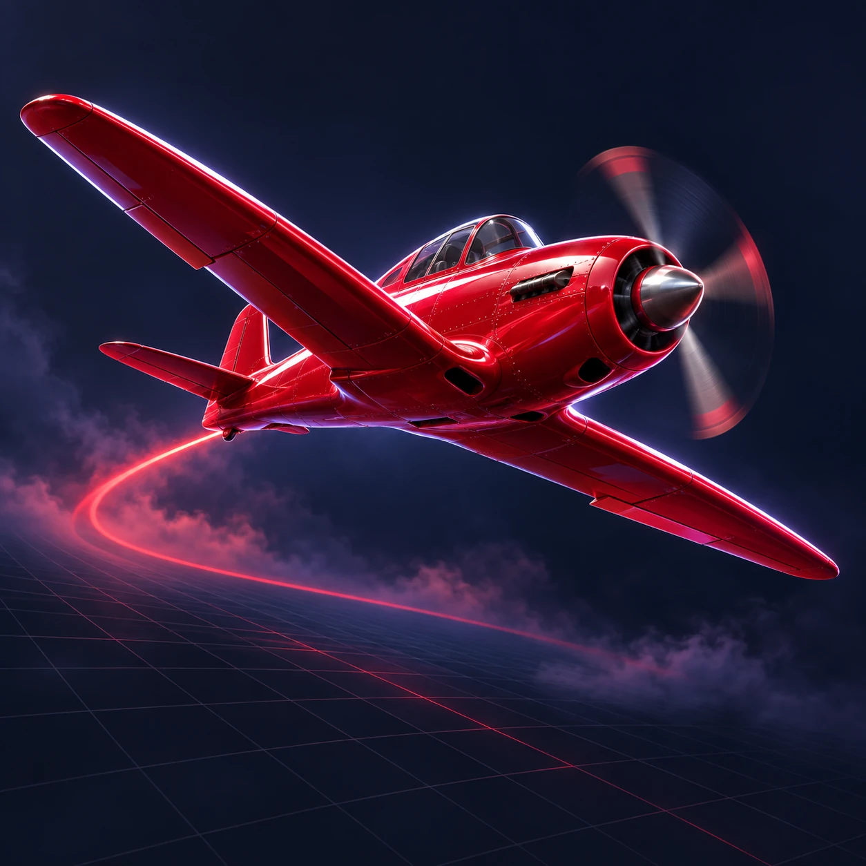 Close view of a red plane above a dark perspective grid